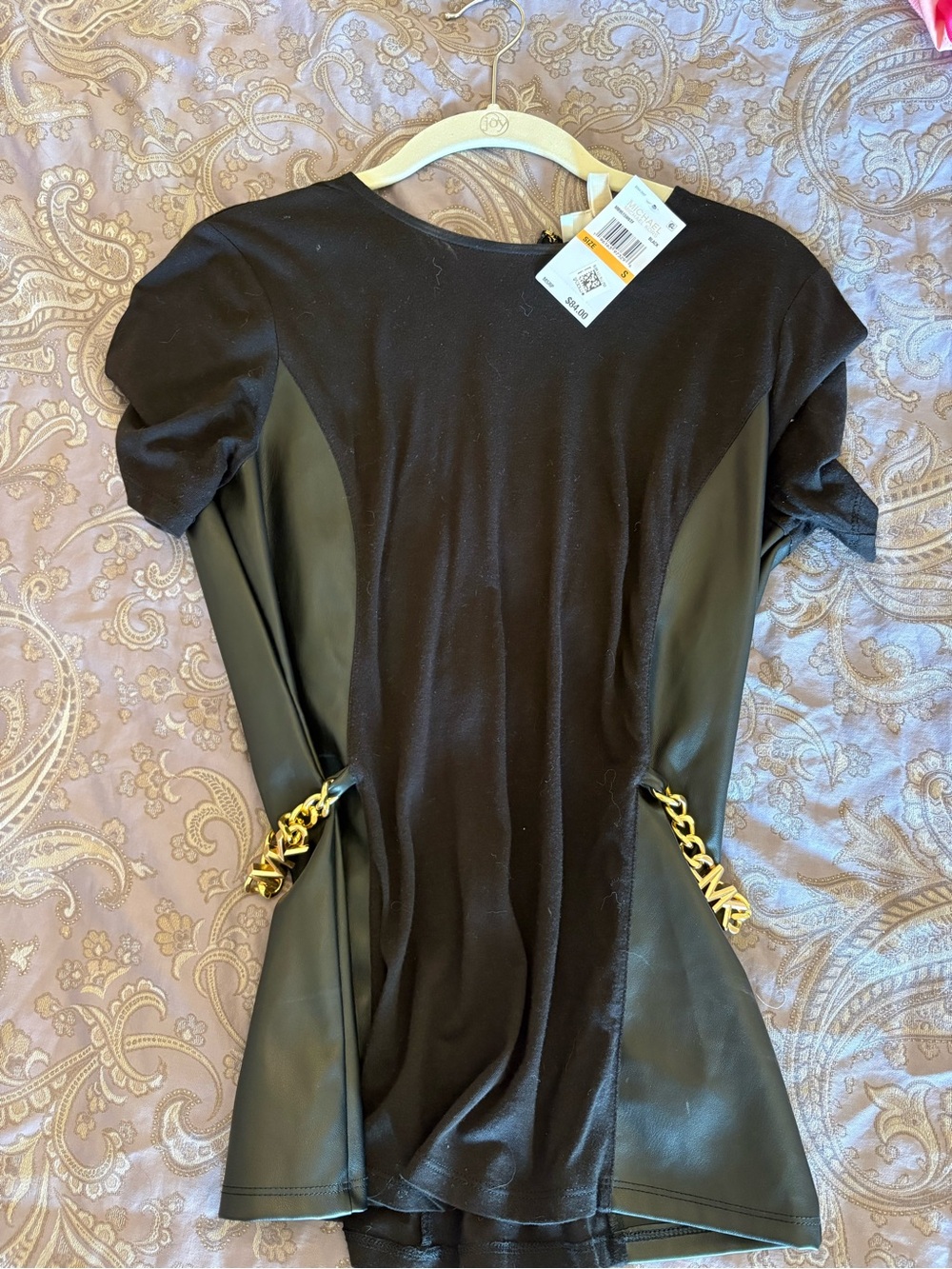 Michael Kors Black Short Sleeve Tunic with Gold Chain Accents